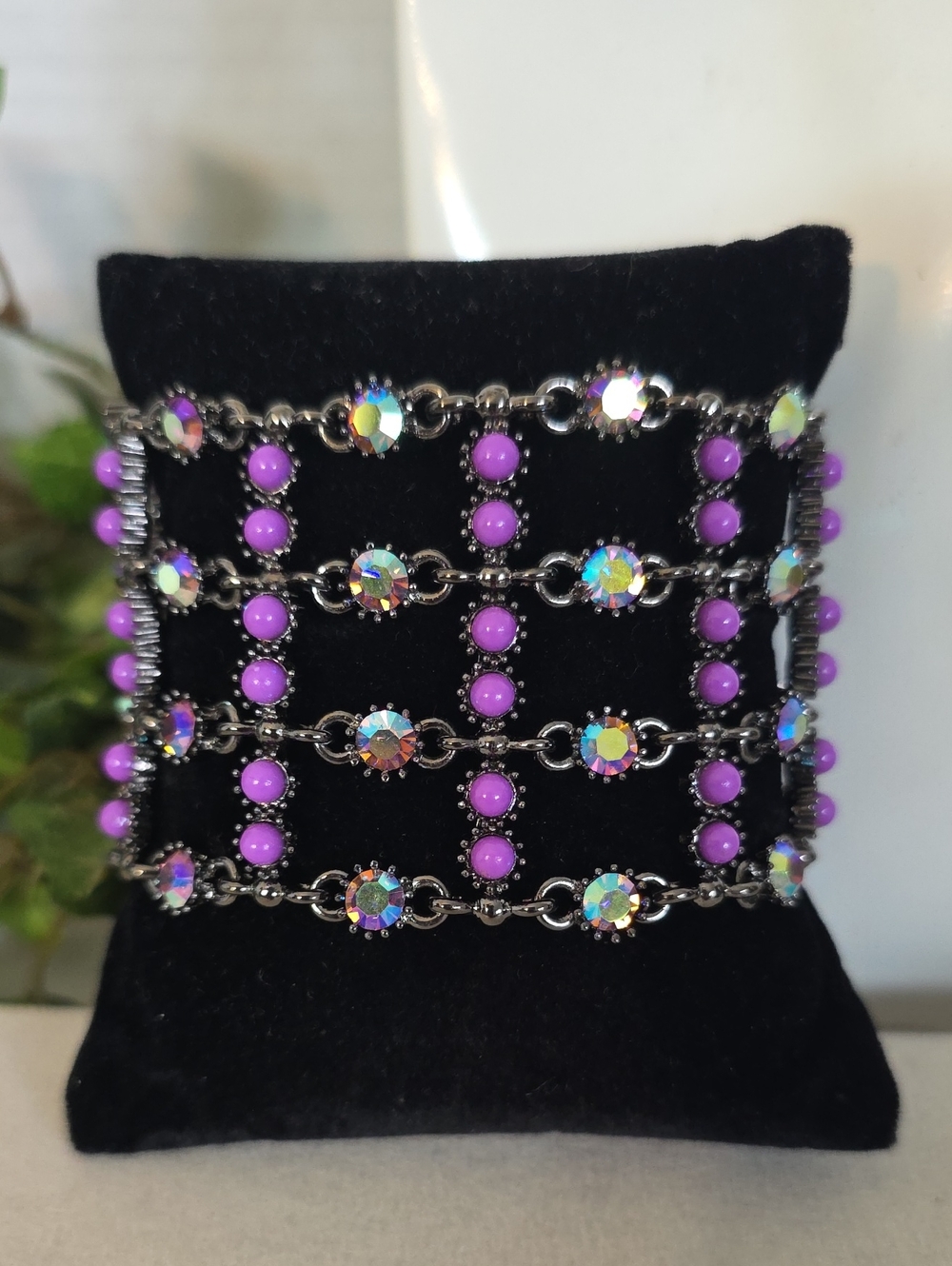 Gunmetal Purple Aurora Borealis Rhinestone Wide Lattice Cuff Bracelet